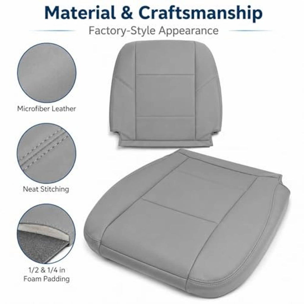 Gray microfiber leather seat cover with neat stitching and foam padding detail