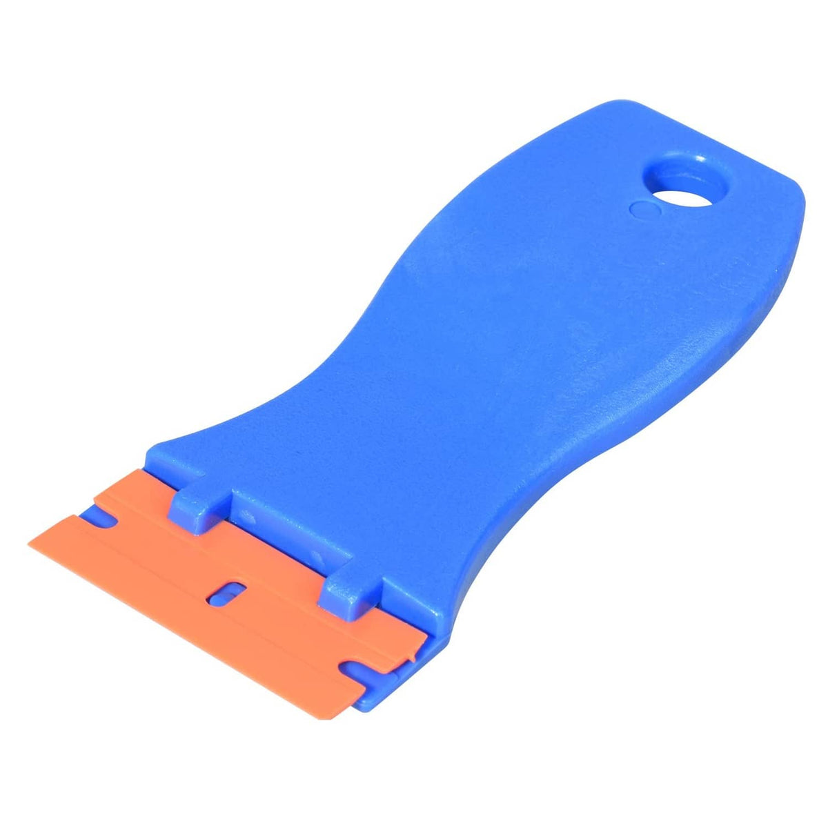 Blue plastic scraper handle with orange double-edged blade insert