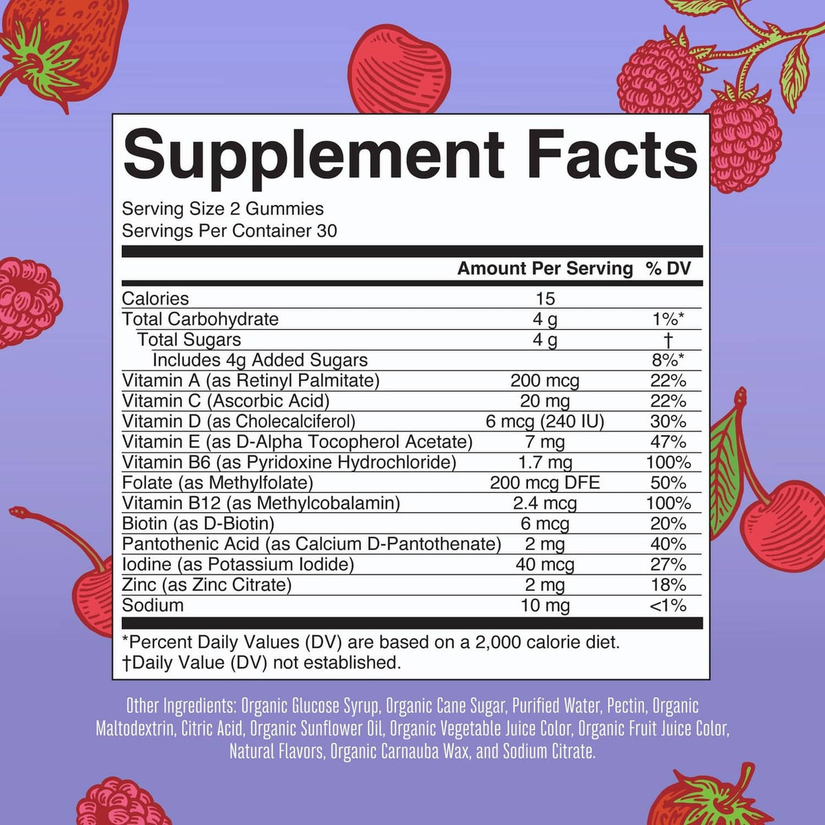 Supplement Facts panel for kids multivitamin gummies, nutrition table close-up
