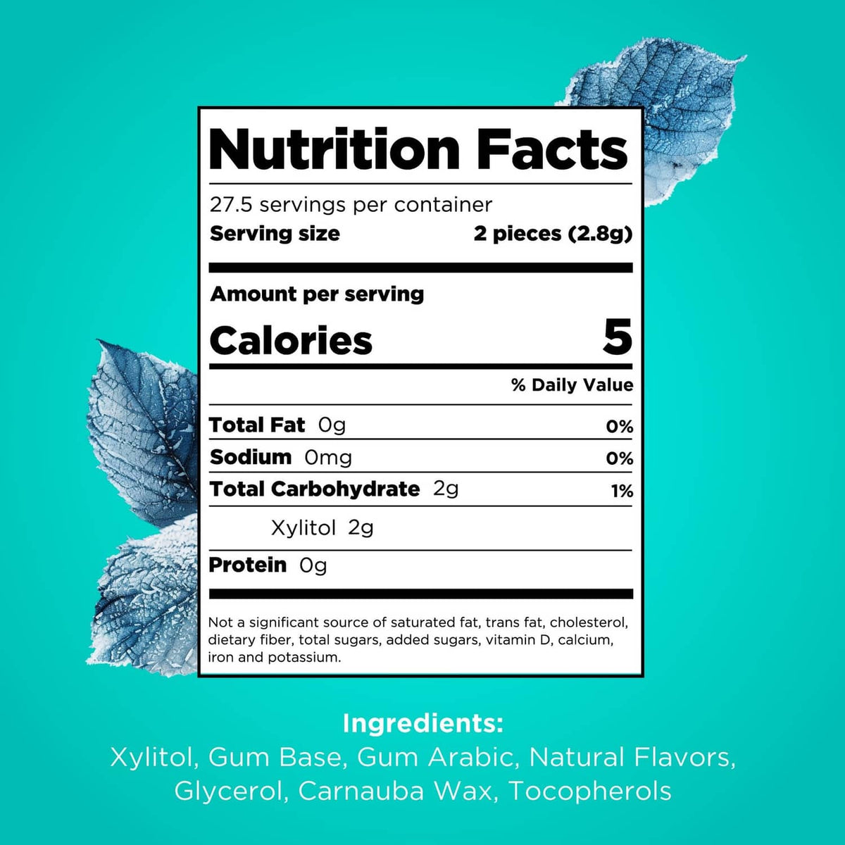 Nutrition Facts for PUR wintergreen gum, 5 calories per serving, xylitol 2g