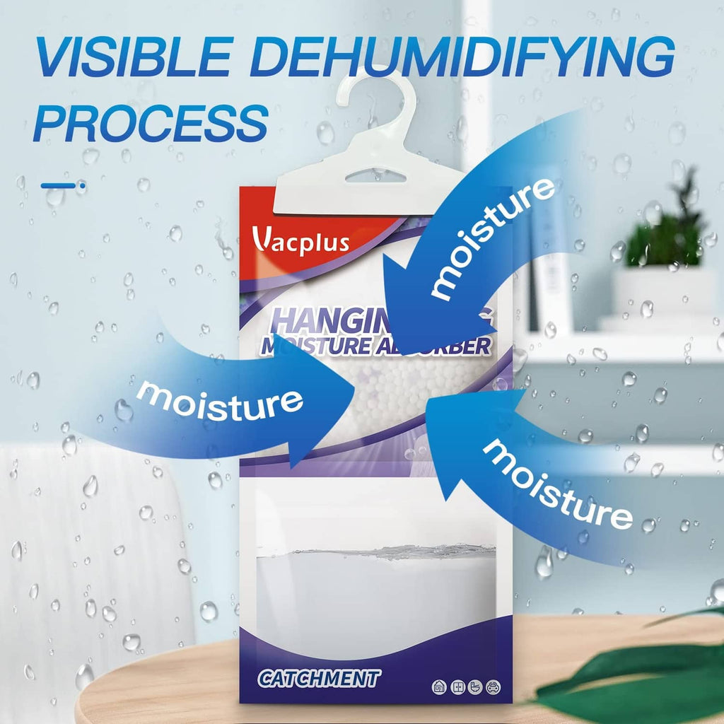 Hanging moisture absorber bag with blue moisture-absorption arrows and drop graphics