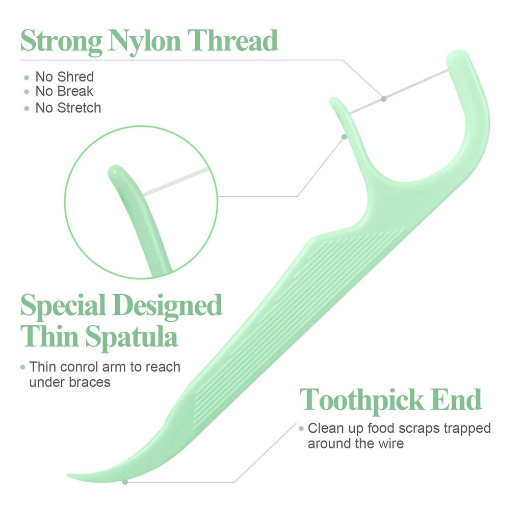 Green orthodontic flosser with thin spatula and toothpick end for braces