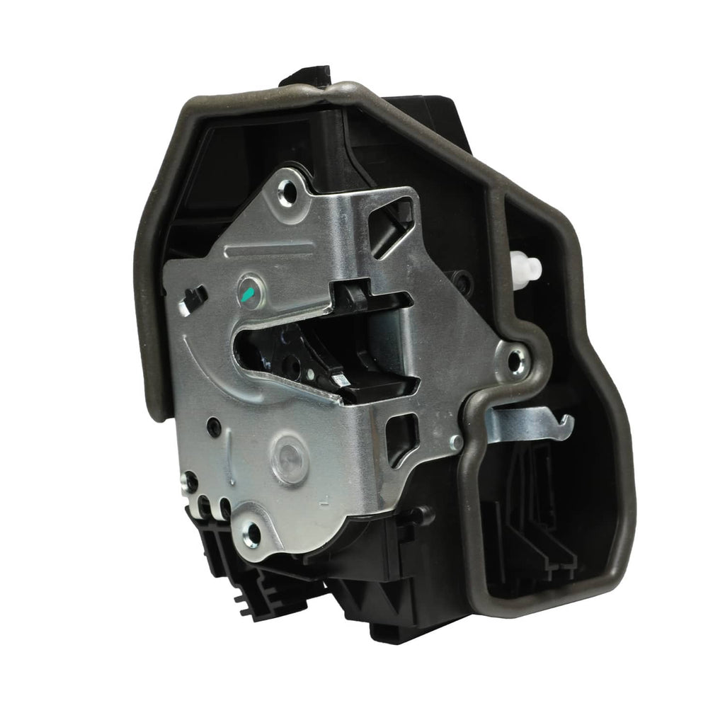 Door lock latch actuator with silver metal plate, mounting holes, and black housing