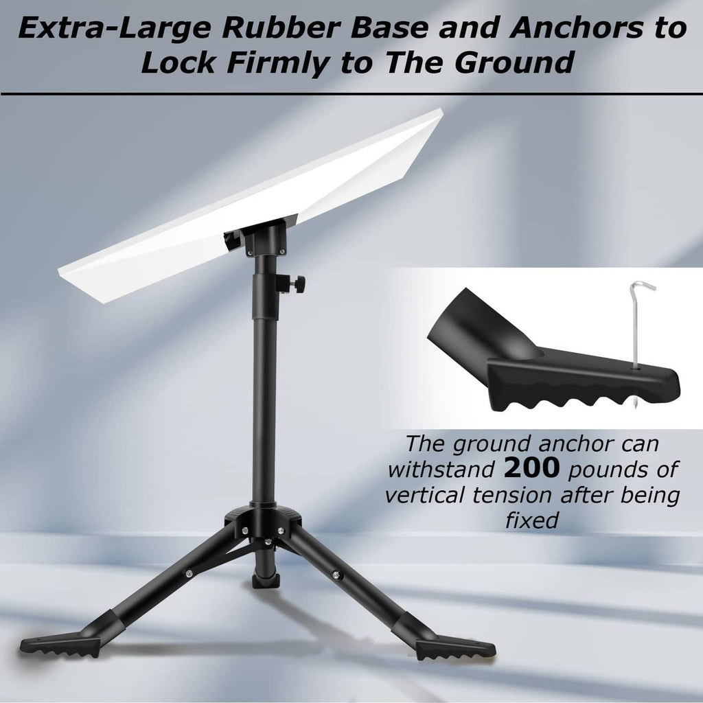Standing tripod satellite dish mount with rubber base and ground-anchoring point.