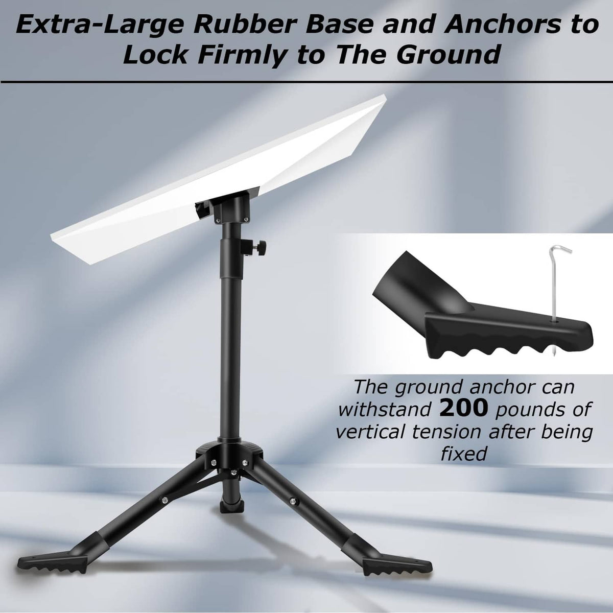 Standing tripod satellite dish mount with rubber base and ground-anchoring point.