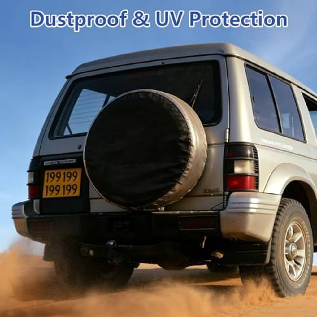 Black spare tire cover mounted on vehicle rear, round dust-protective shape