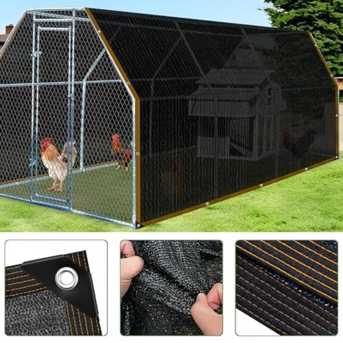 Black mesh shade cloth with grommets and yellow trim over a pet enclosure, fabric closeups