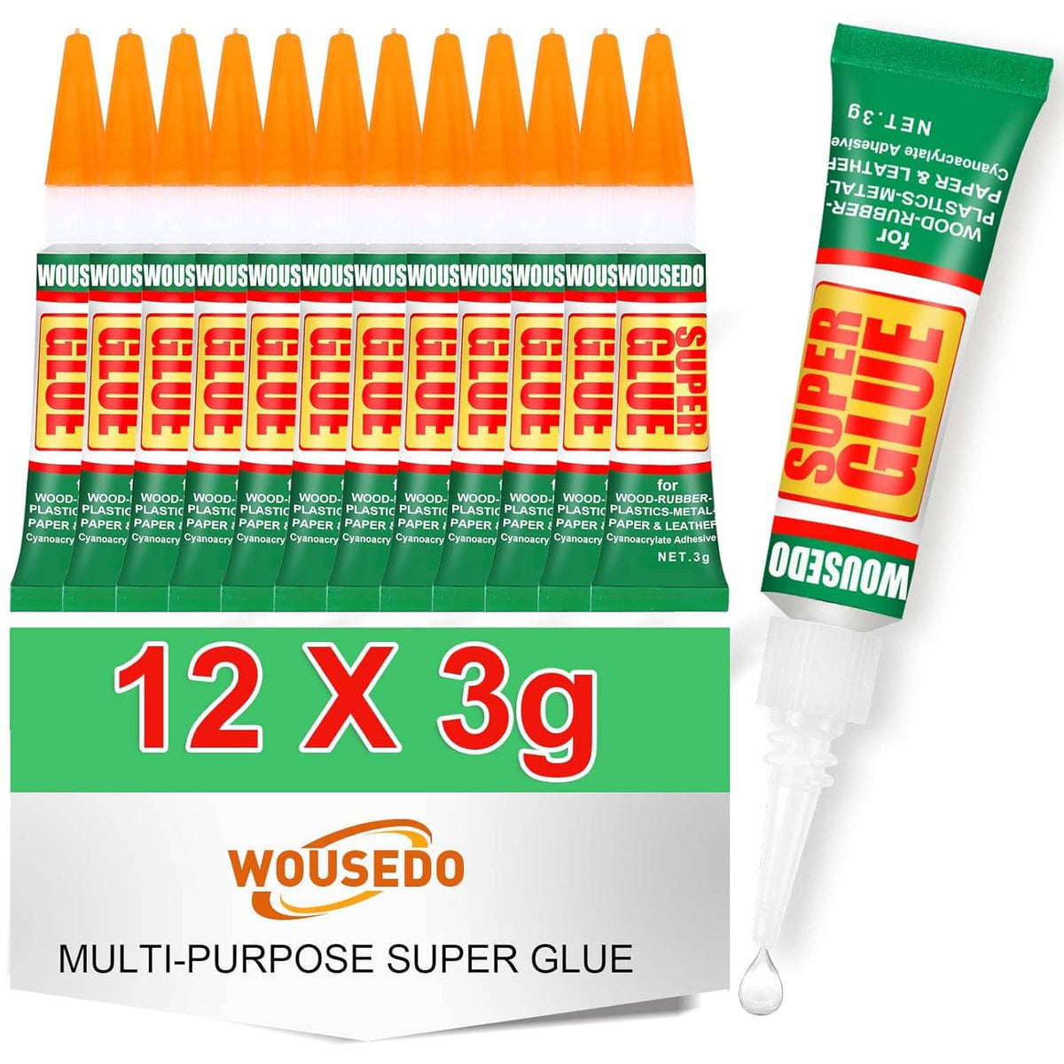 Multi-purpose super glue pack with 12 x 3g orange-capped tubes and nozzle