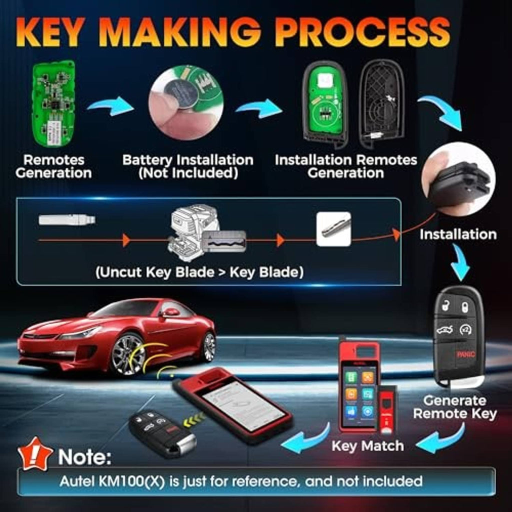 Black smart key fob with visible circuit board and key cutting/generation steps graphic