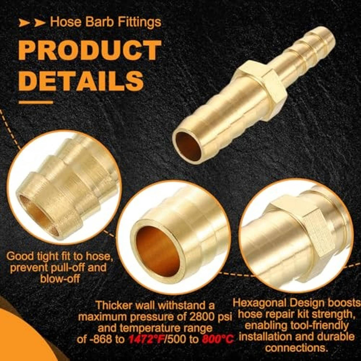 Brass hose barb fitting detail view with barbed ends and hex connector section