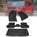 Black TPE floor mat set and trunk cargo liner with textured channels and raised edges