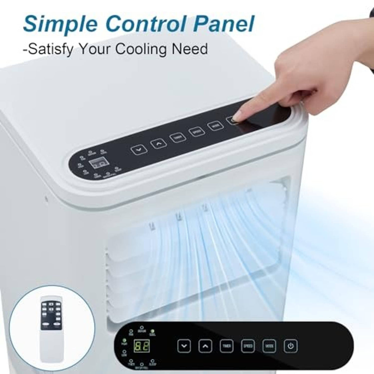 White portable air conditioner with top control panel buttons under a hand
