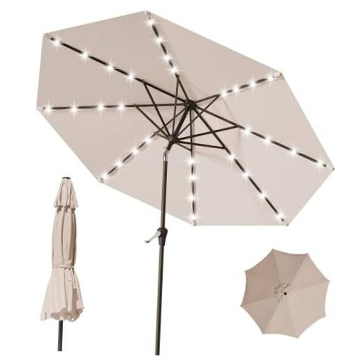 Beige patio umbrella with solar LED lights on black metal ribs