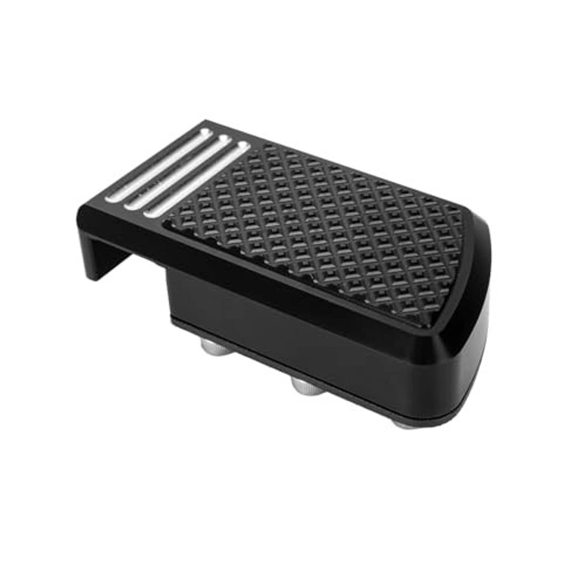 Motorcycle brake pedal pad with raised black grid tread and three silver bars