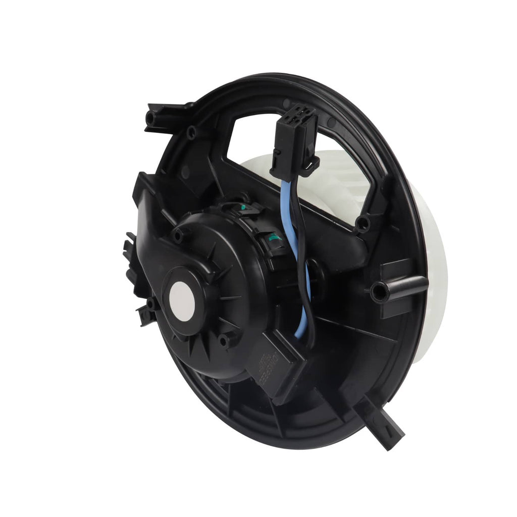 HVAC blower motor assembly with black fan housing and blue wire leads