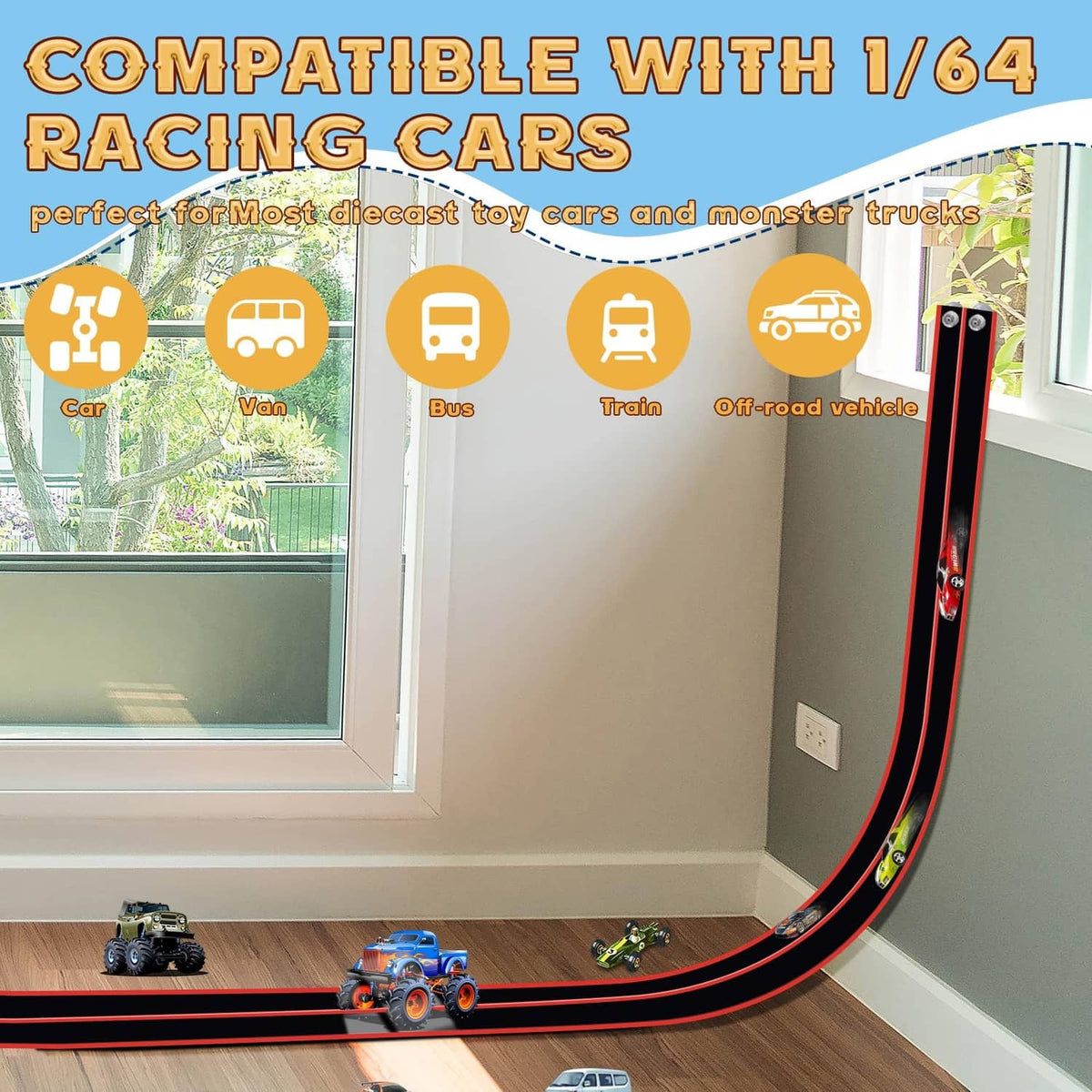 Black-and-red curved car track with multiple lanes and suction cup mounting ends