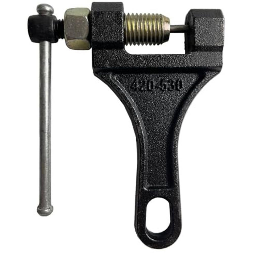 Close-up chain breaker tool head with threaded rod and U-shaped clamp frame
