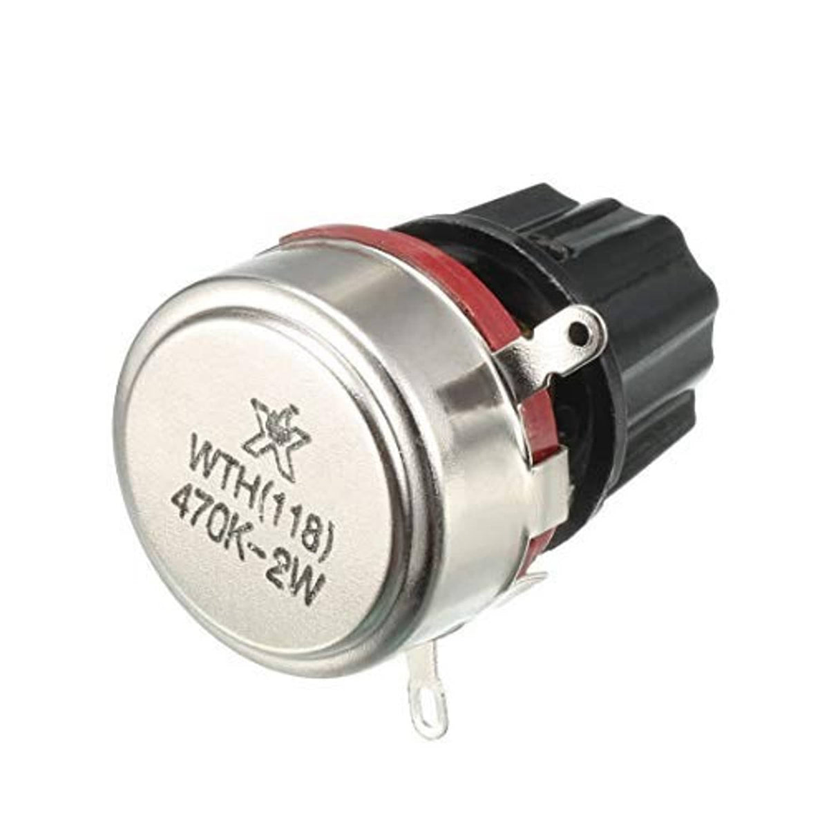 Rotary carbon film variable resistor metal can with WTH118 470K printed and black cover