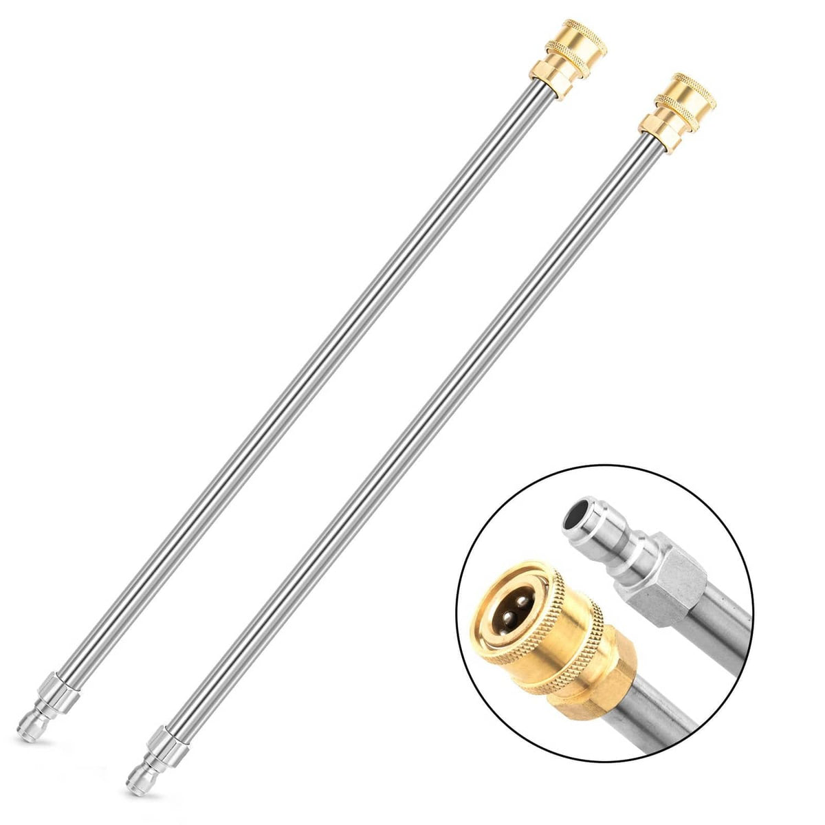 Pressure washer extension wand pair, silver stainless tubes with brass quick-connect ends