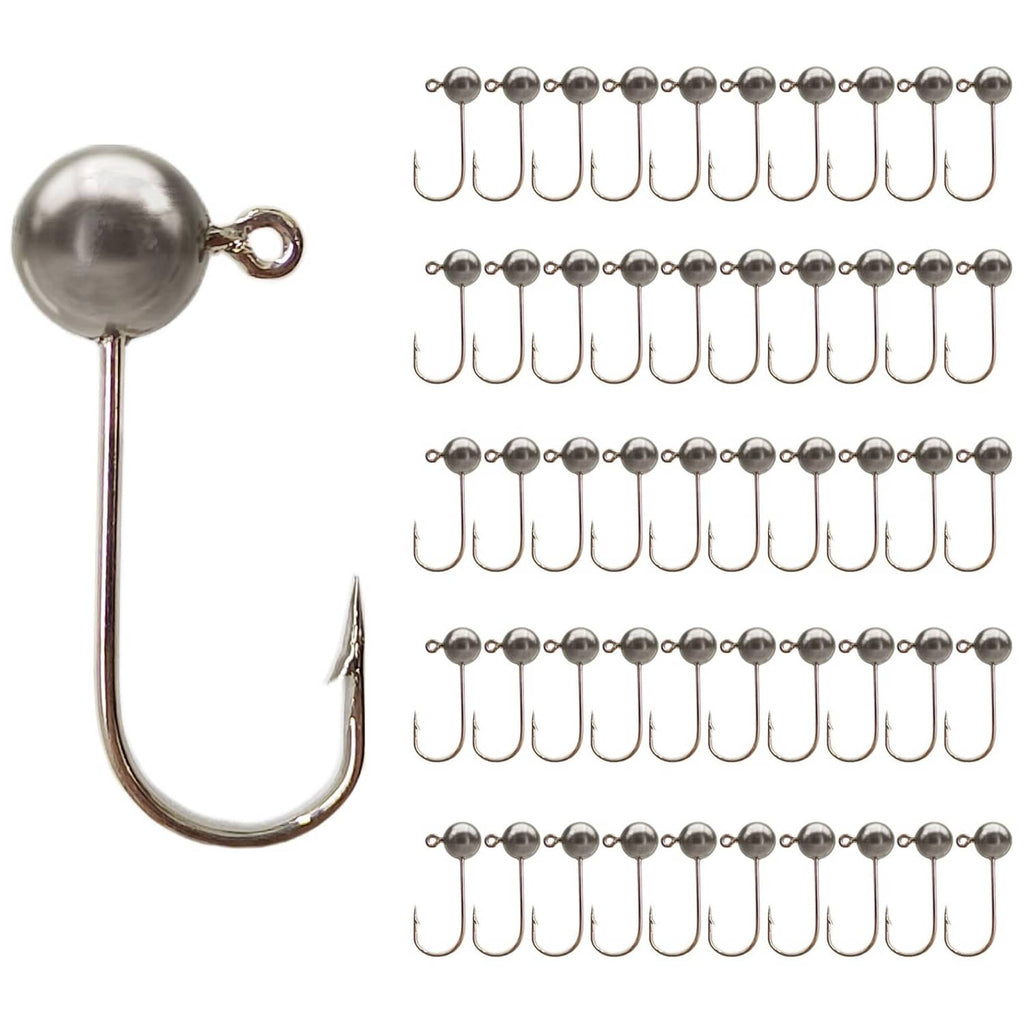 Set of silver jighead fly hooks with round heads and upward eyelets