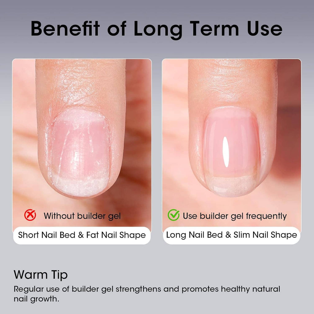 Builder gel use guide on natural nails, short nail bed vs slim long bed