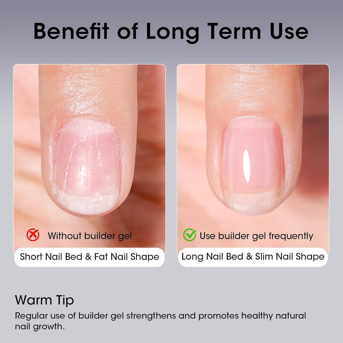 Builder gel use guide on natural nails, short nail bed vs slim long bed