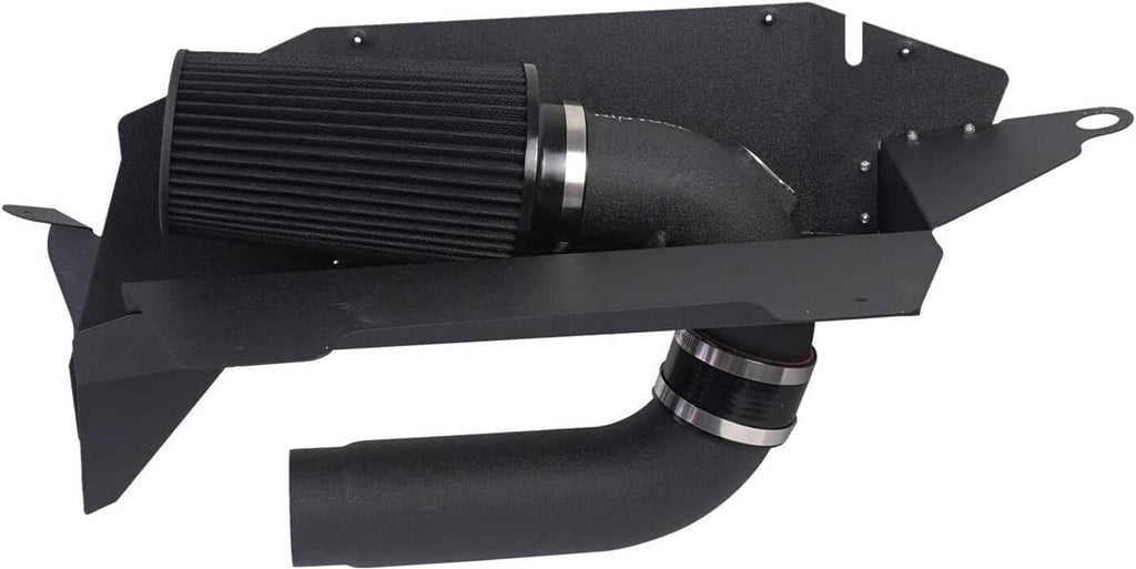 Cold air intake kit with black cone filter, intake tube, and metal mounting plate