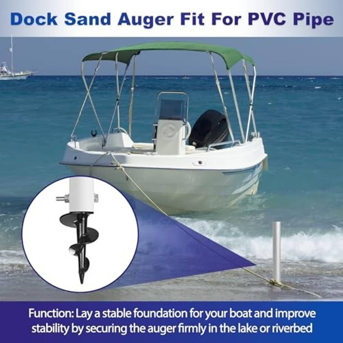 Dock sand auger fitting for PVC pipe with mounting bolt and nut