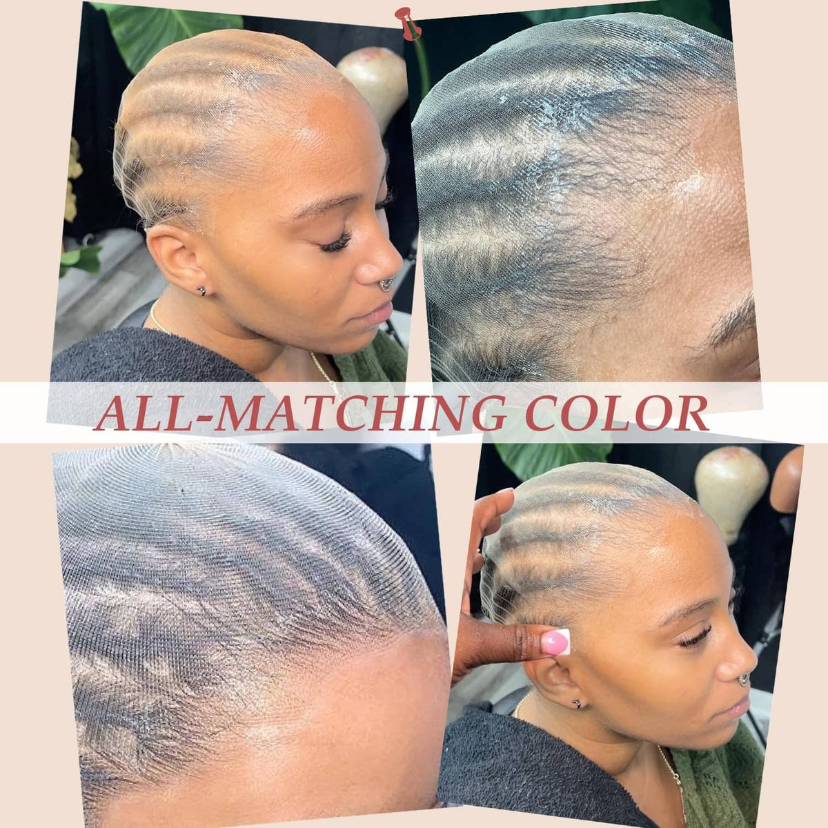 Transparent HD wig cap on head, sheer mesh fit around scalp