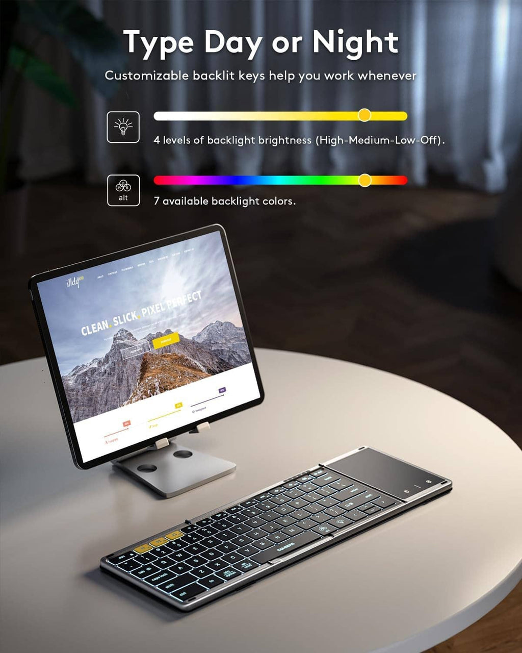 Foldable keyboard with adjustable blue backlit keys for low or high brightness