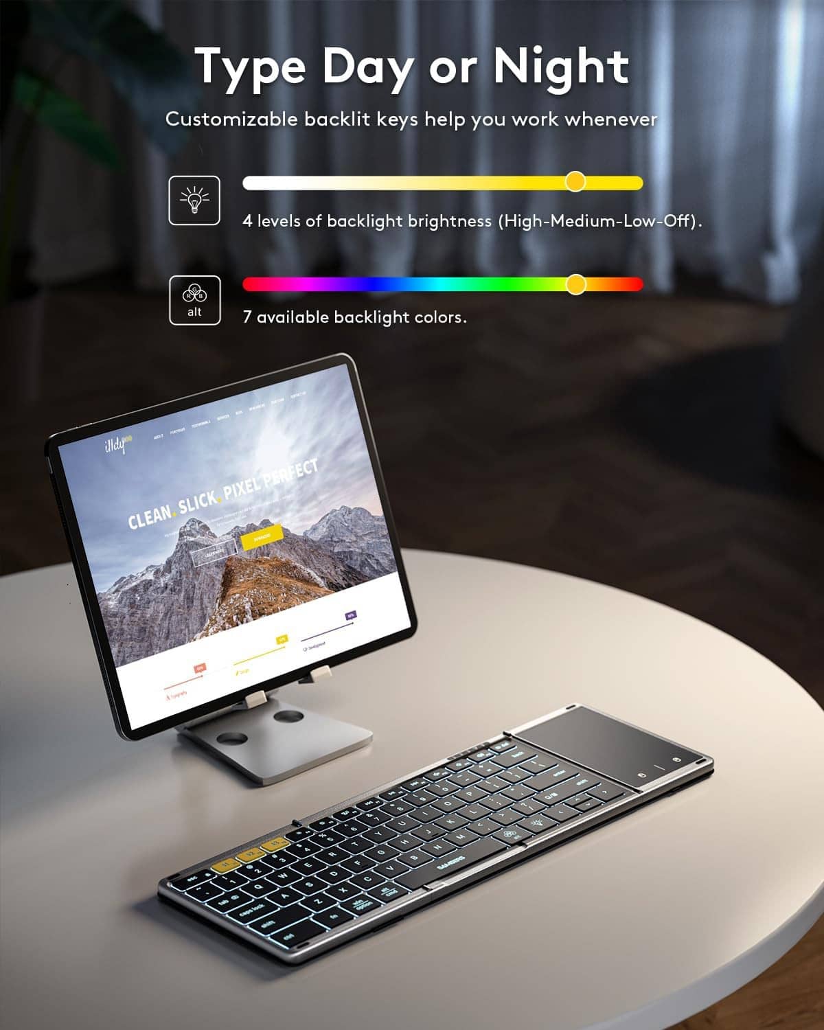Foldable keyboard with adjustable blue backlit keys for low or high brightness