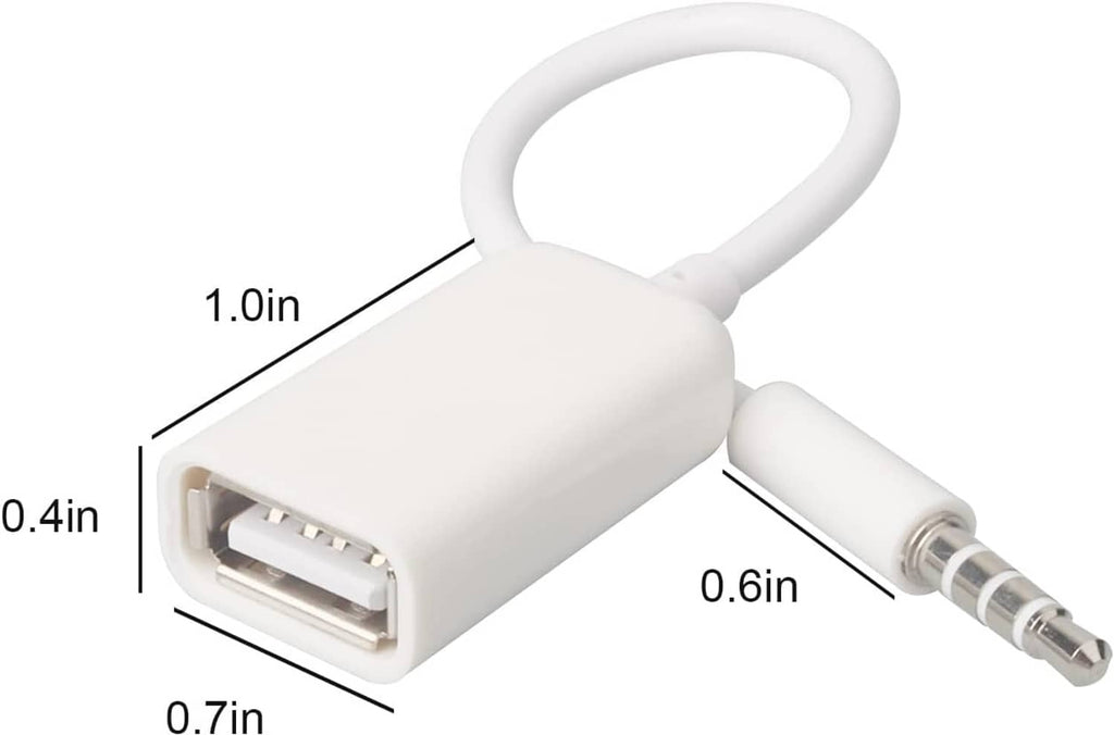 White AUX-to-USB adapter with 3.5mm plug, USB-A female port, size measurements shown