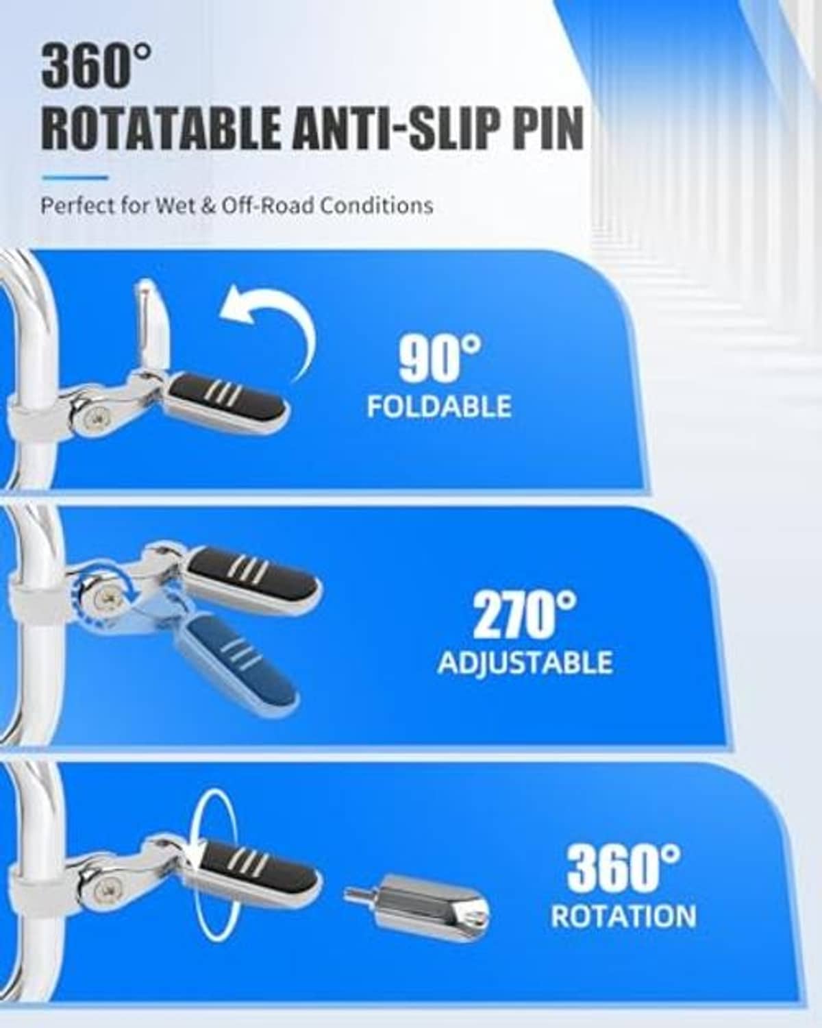 Motorcycle foldable adjustable footpegs with black anti-slip pads, showing tilt and rotation