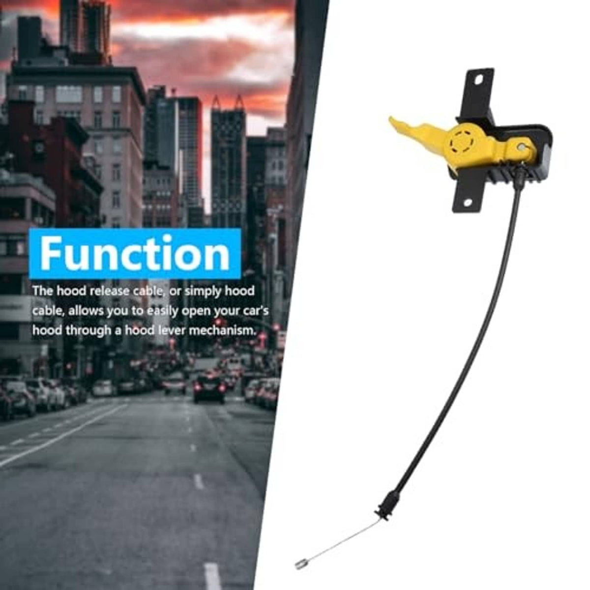 Engine hood release cable assembly with yellow latch handle and long black cable
