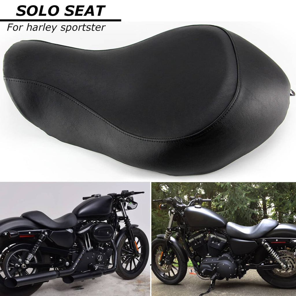 Black solo motorcycle seat with rounded rear and stitched center seam