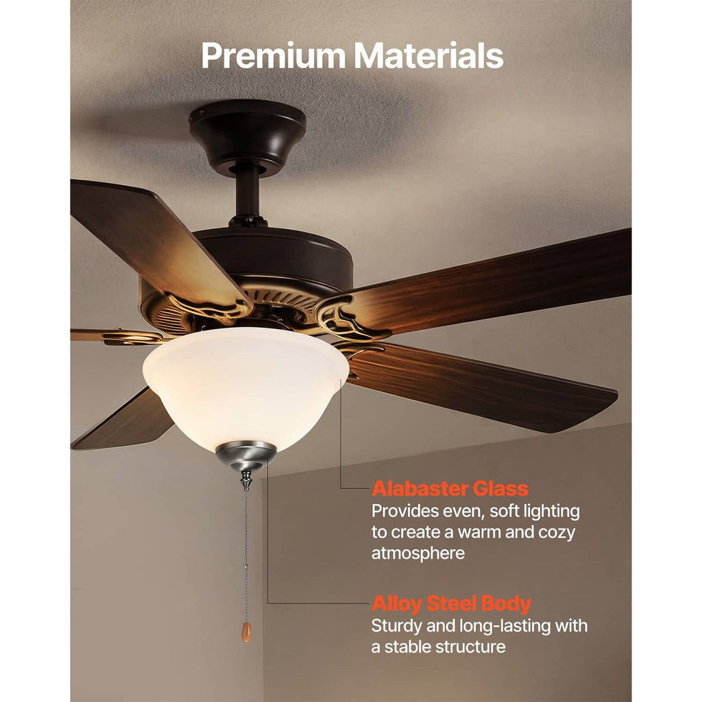 Ceiling fan light kit with white bowl shade and metal mounting, pull chain