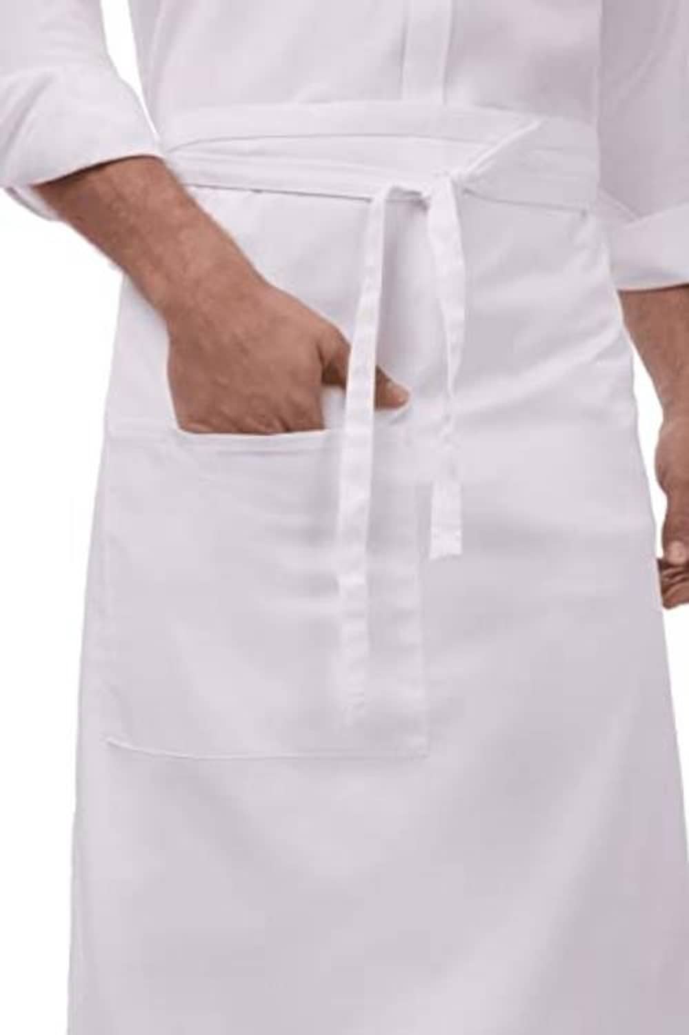 White apron close-up with waist tie and front pocket panel.