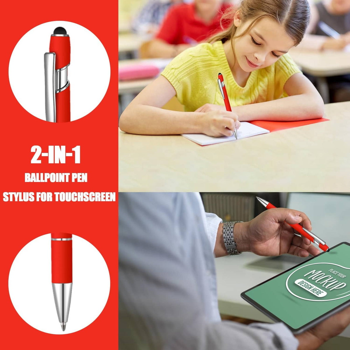 2-in-1 red ballpoint pen with stylus for touchscreen, silver tip and cap