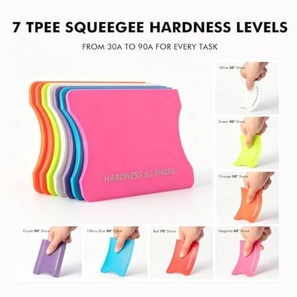 7 TPE vinyl wrap squeegee hardness levels in stacked bright colors