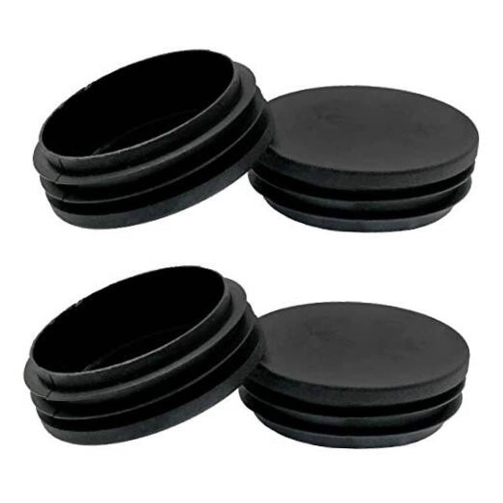 Set of black round plastic tube end caps, flat circular tops, open plug interiors