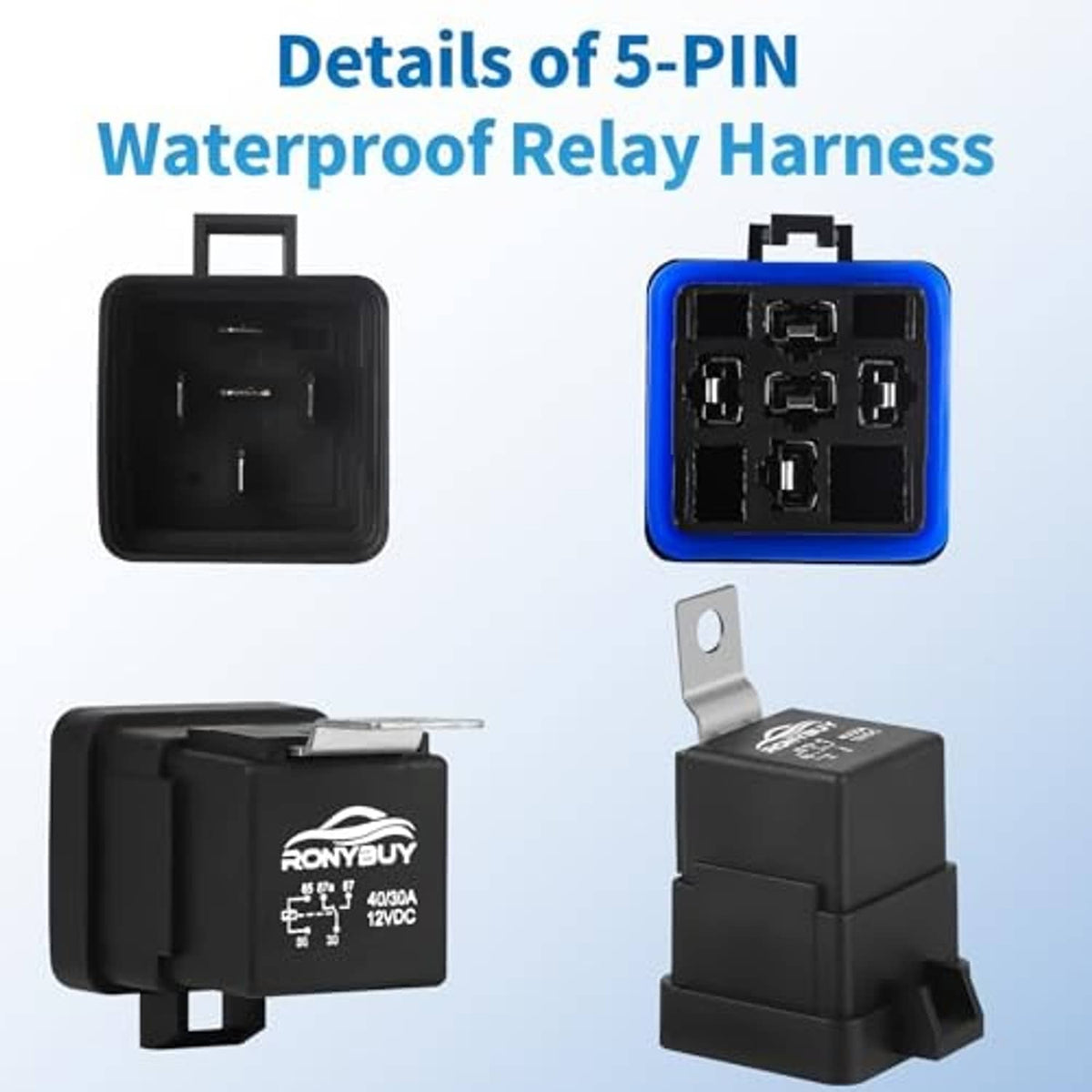 5-pin waterproof relay harness detail: sealed terminals and black mounting connector