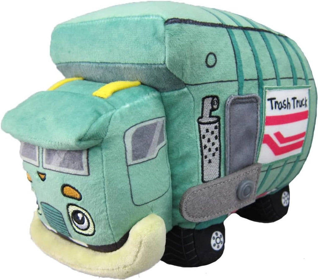 Green trash truck plush with smiling face, gray side panel, and black wheels
