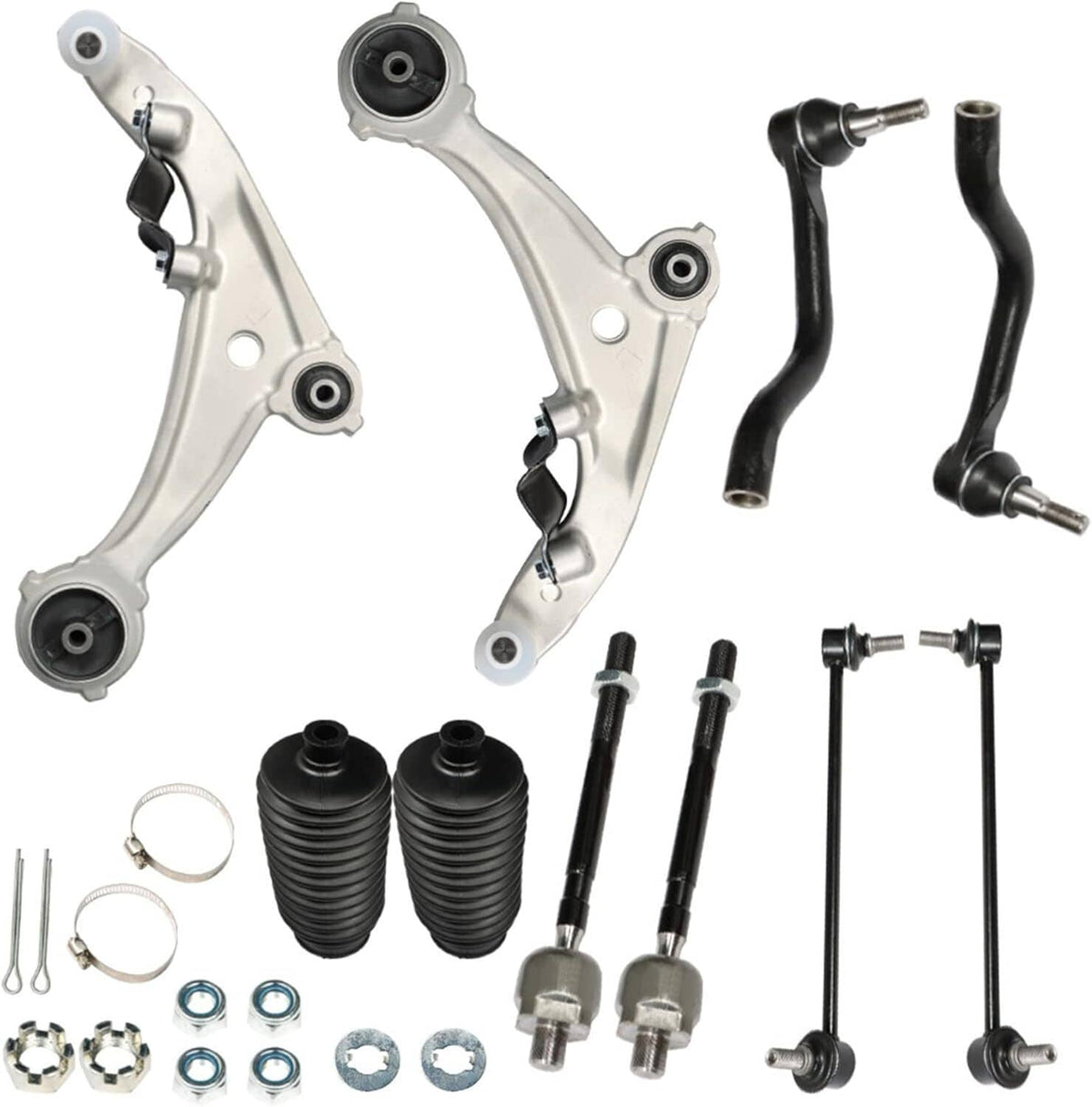 Front suspension control arm kit with arms, tie rods, boots, and hardware