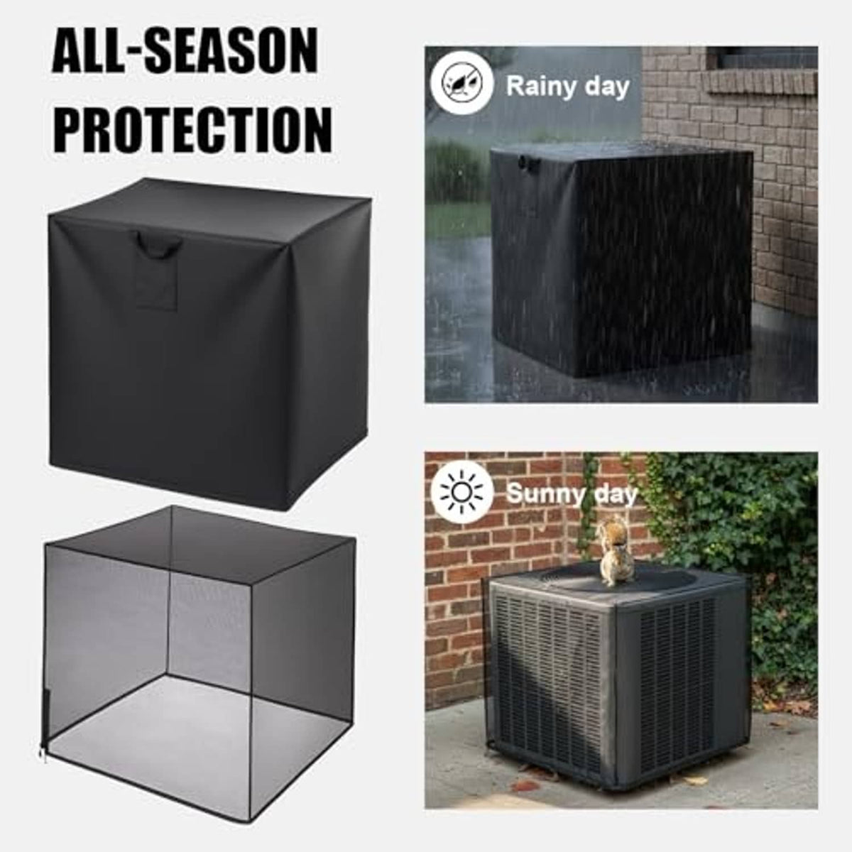 Black air conditioner cover with handle; multi-panel view and illustrated all-season protection.