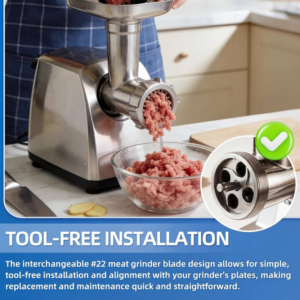 Stainless steel #22 meat grinder blade in grinder outlet, with ground meat bowl