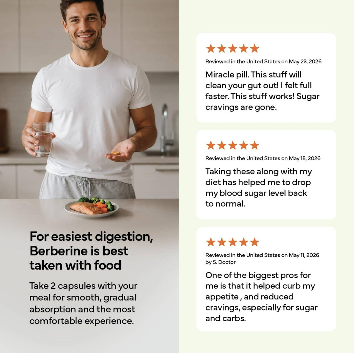 ForestLeaf berberine supplement bottle with usage instructions and customer review text