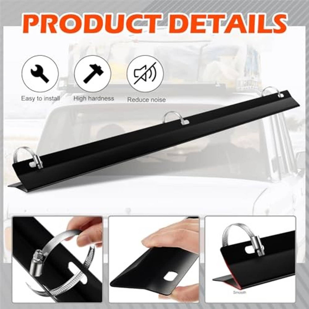 Black roof rack wind deflector bar with mounting holes and clamp rings