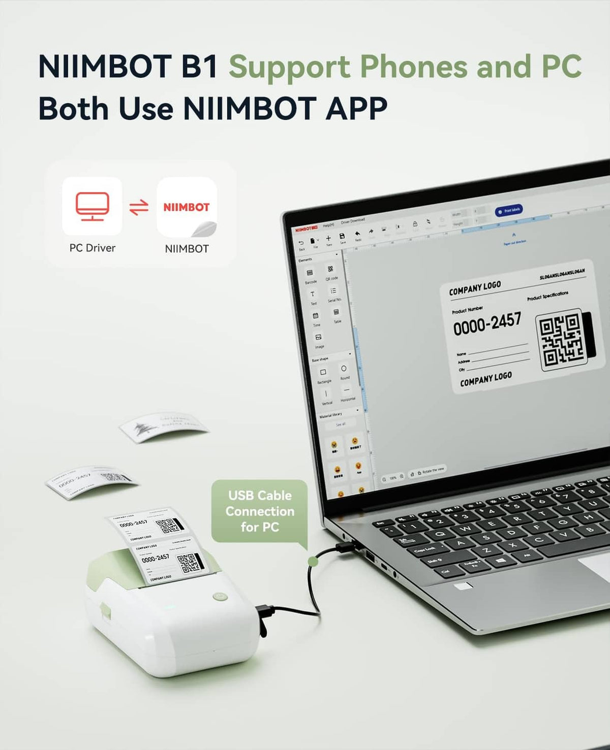 Green label maker with USB cable connection for PC label printing