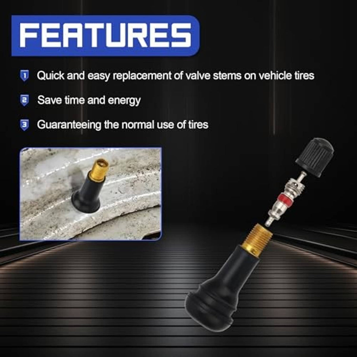 Tire valve core replacement tool with black body and gold threaded connector