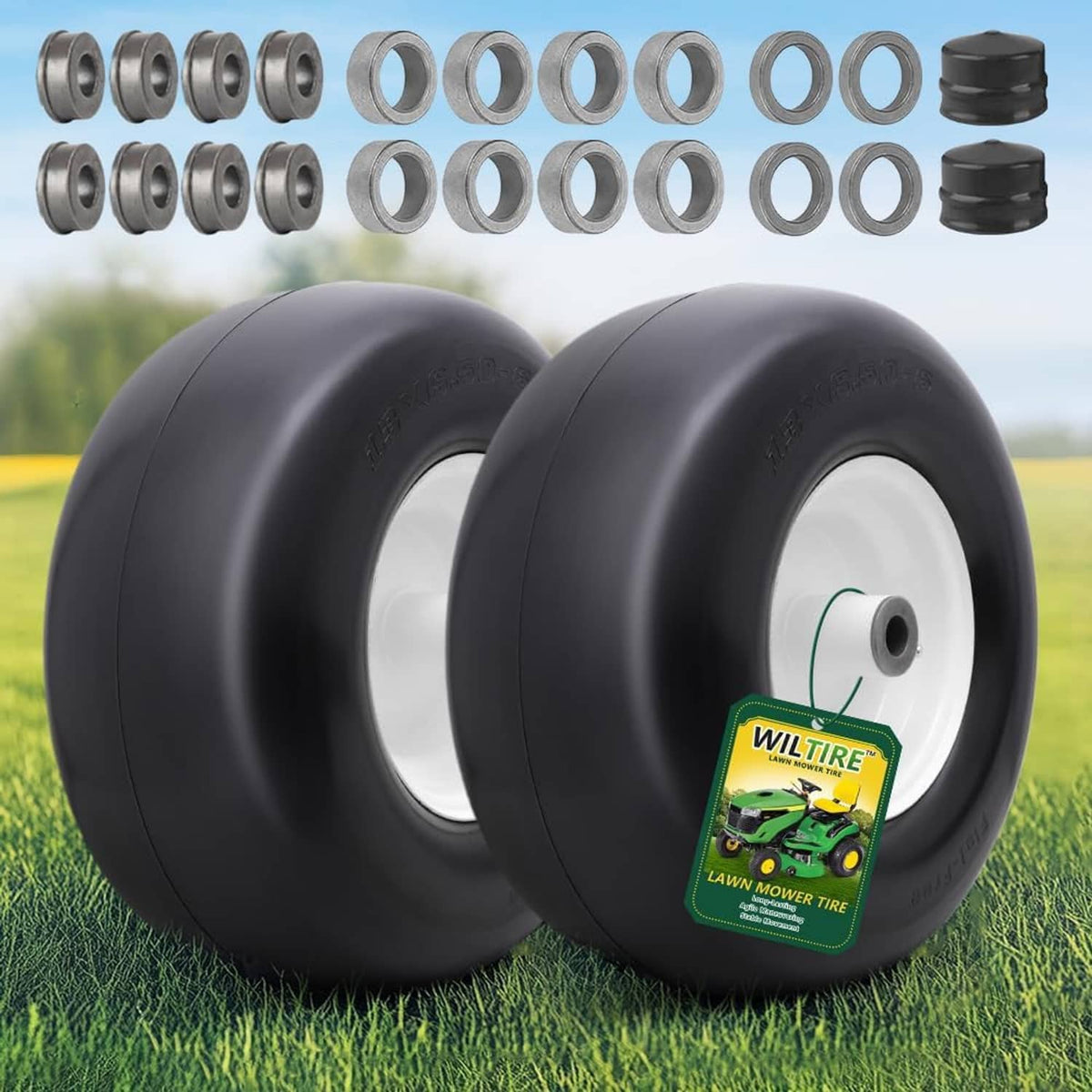 Solid flat-free tire wheel pair, black tires with white inner rims and hub opening